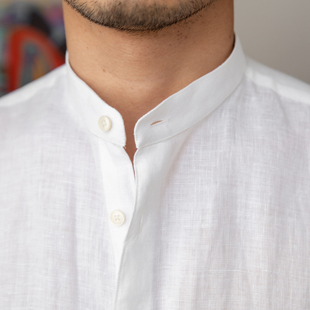 Chemise homme en lin vert à col mao – manches courtes Botanwear