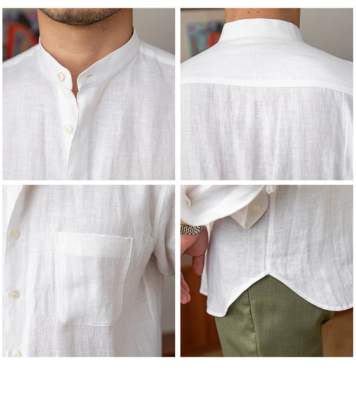 Chemise homme en lin vert à col mao – manches longues Botanwear