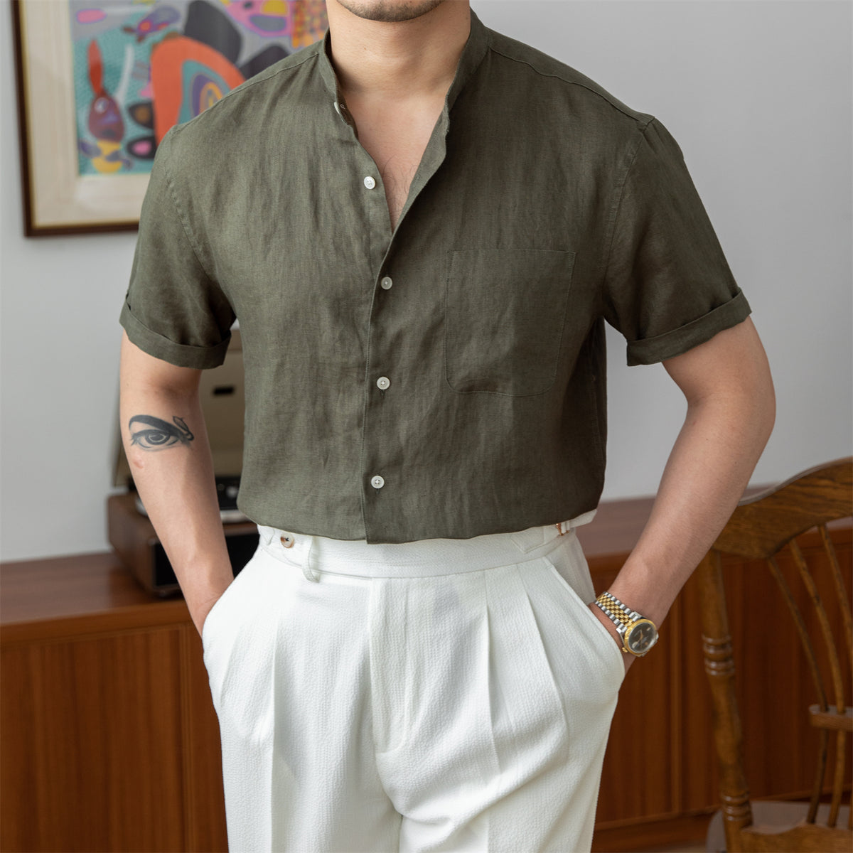 Détail col mao et texture de la chemise homme en lin Botanwear