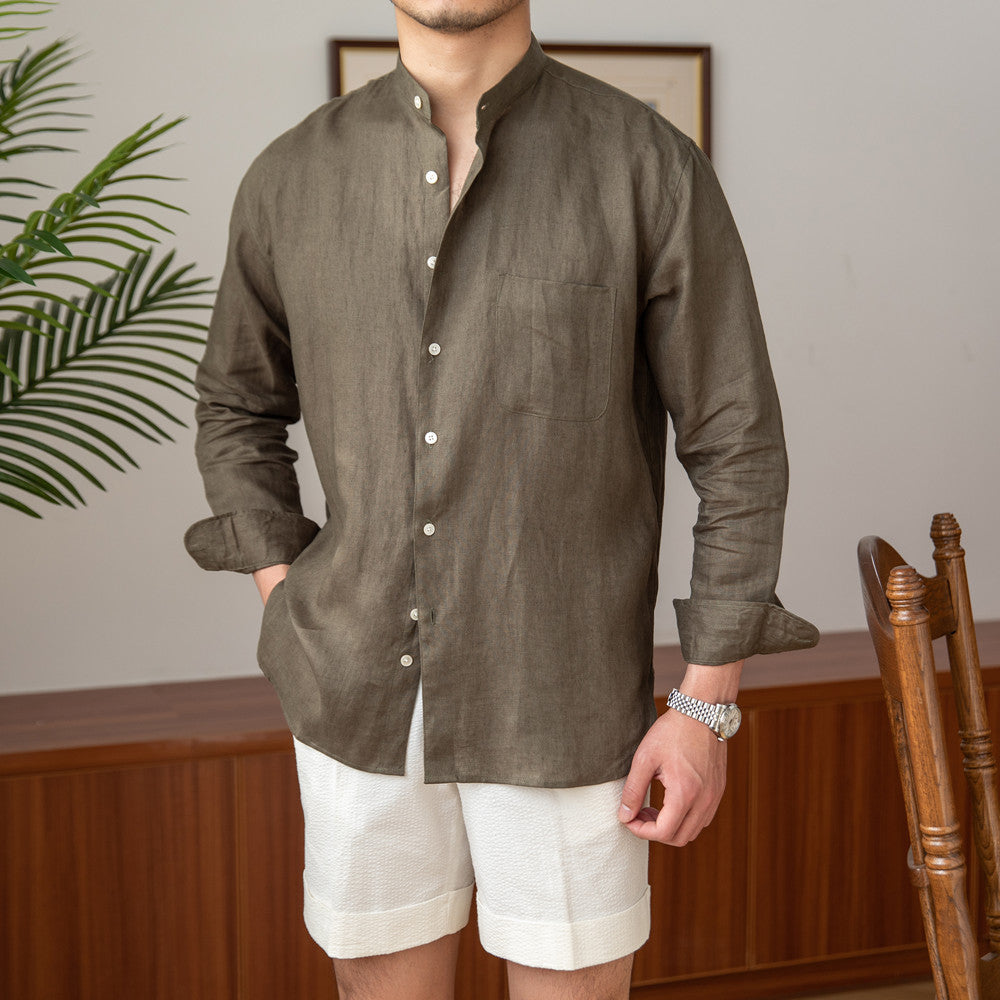 Chemise homme en lin blanc à col mao – manches courtes Botanwear